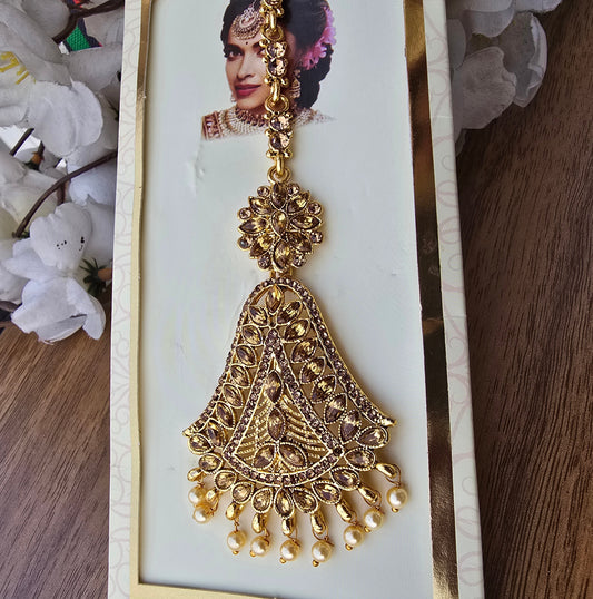 Antique Gold Kundan Maang Tikka with Pearl Drops | Traditional Bridal Forehead Jewelry | Wedding & Festive Hair Accessory