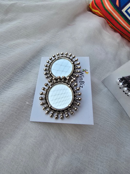 Silver Oxidized Mirror Work Stud Earrings
Black Enamel & Pearl Tassel Drop Earrings ( Earrings combo)