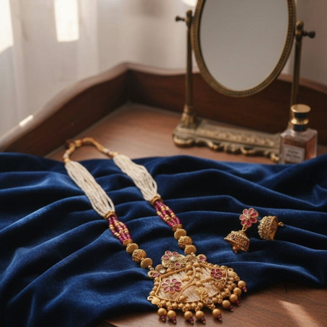 Multi-Strand Pearl and Ruby Pendant Set
