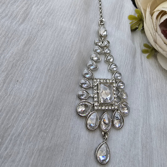 Silver AD Maang Tikka for Women | American Diamond Bridal Forehead Jewelry | Wedding, Party & Festive Hair Accessory