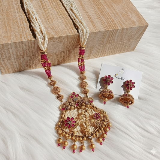 Multi-Strand Pearl and Ruby Pendant Set