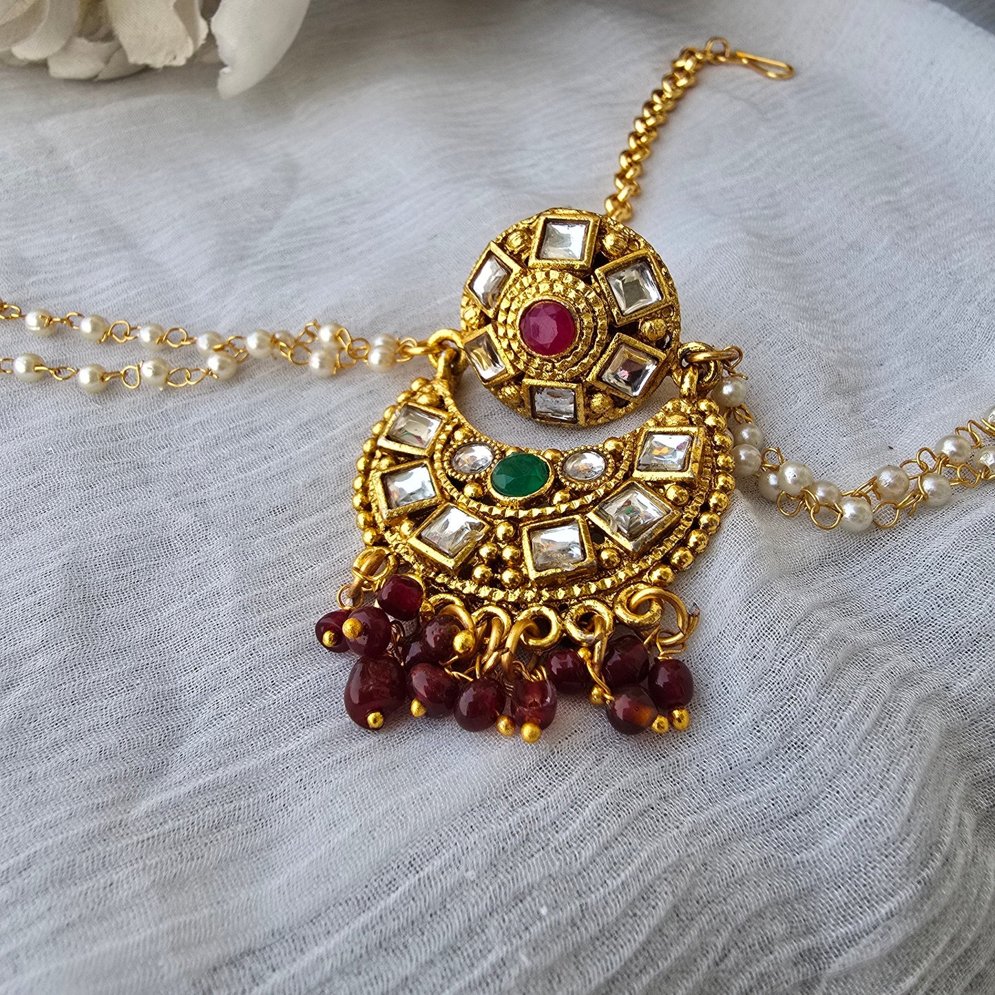 Pearl Chain Kundan Maang Tikka for Women | Gold Plated Bridal Forehead Jewelry with Maroon Beads | Wedding & Festive Wear