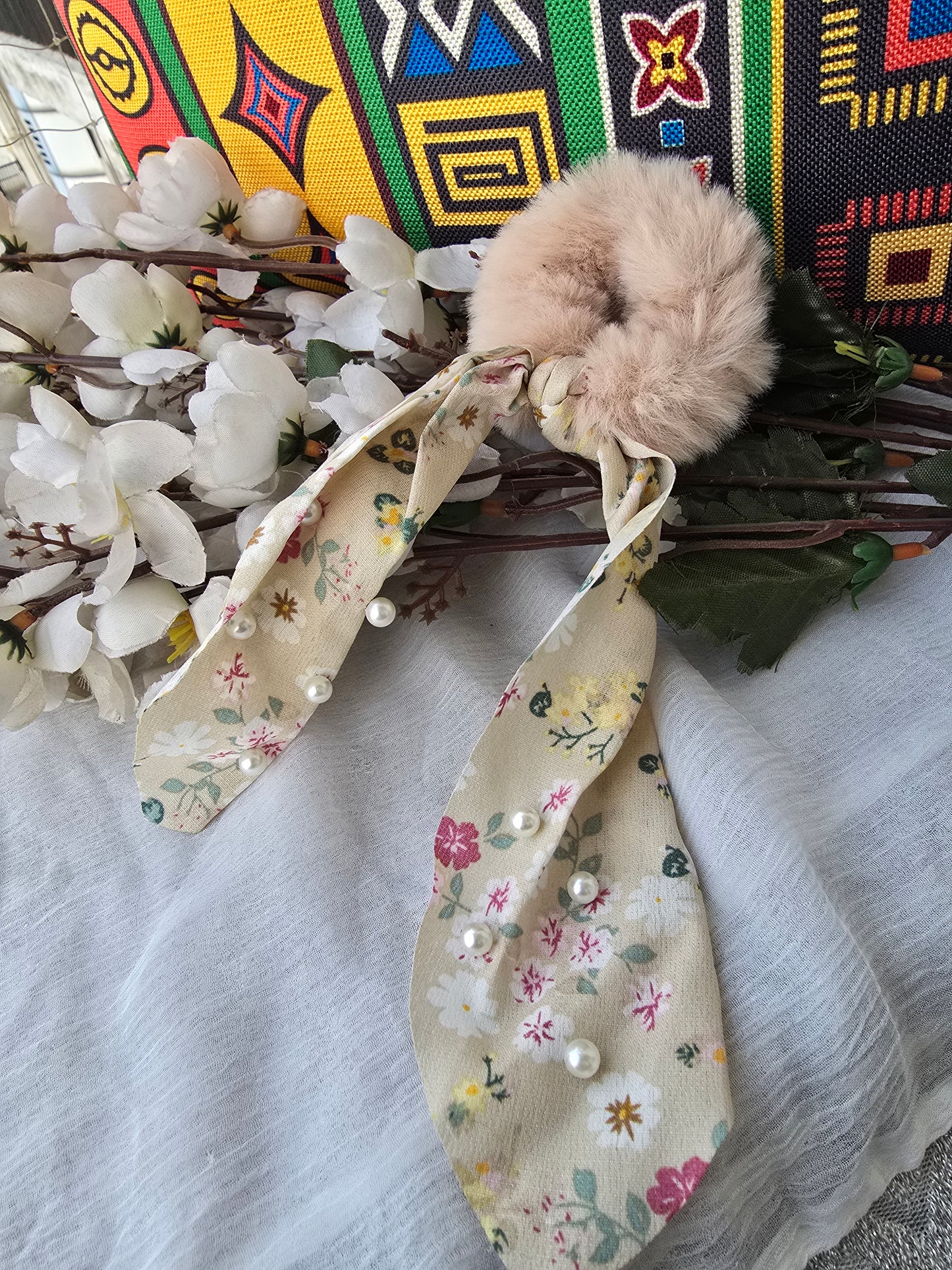 Floral Pearl Scrunchie