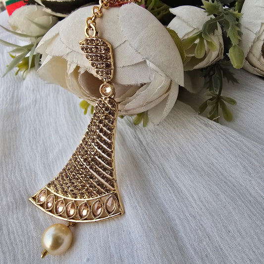 Rose Gold Designer Maang Tikka with Pearl Drop | Contemporary Bridal Forehead Jewelry | Wedding & Festive Hair Accessory
