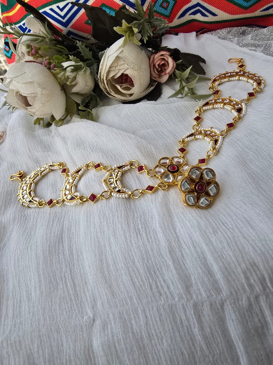 Kundan Ruby Stone Pearl Chandbali Matha Patti