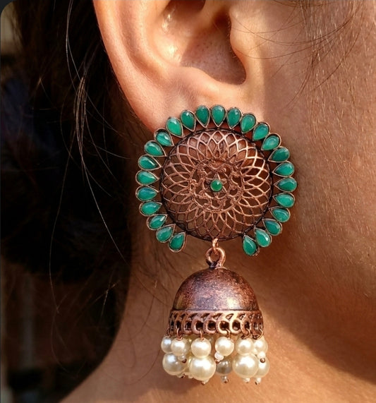 Oxidized Copper Green Pearl Jhumka Earrings