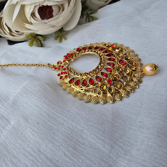 Red Stone Chand Borla Maang Tikka for Women | Traditional Rajasthani Bridal Forehead Jewelry | Wedding & Festive Wear