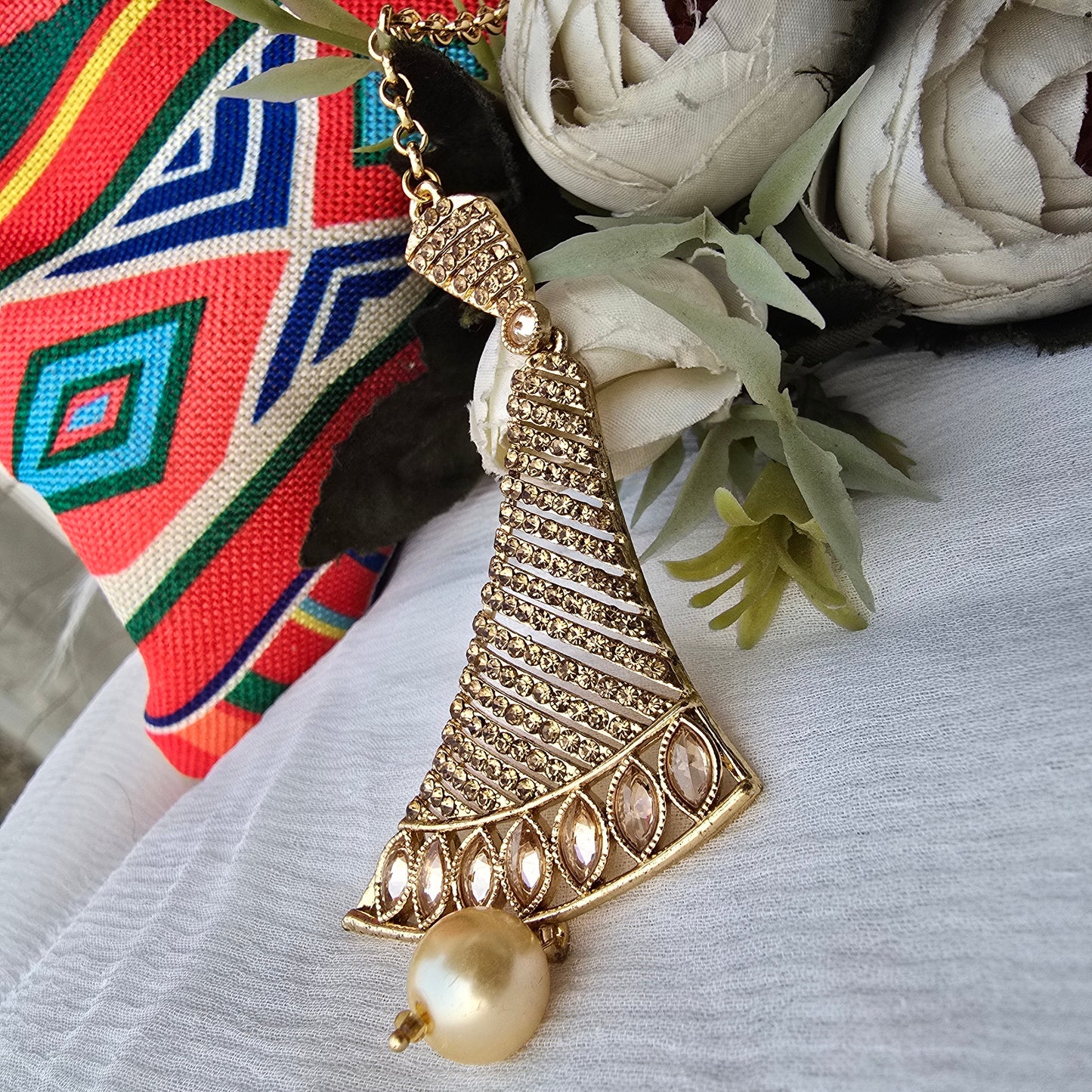 Rose Gold Designer Maang Tikka with Pearl Drop | Contemporary Bridal Forehead Jewelry | Wedding & Festive Hair Accessory
