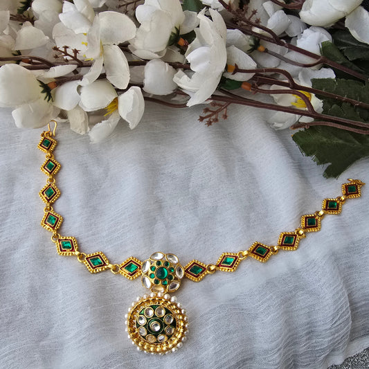 Green Kundan Maatha Patti with Pearl Detailing | Traditional Bridal Headpiece for Women | Wedding & Festive Hair Jewelry