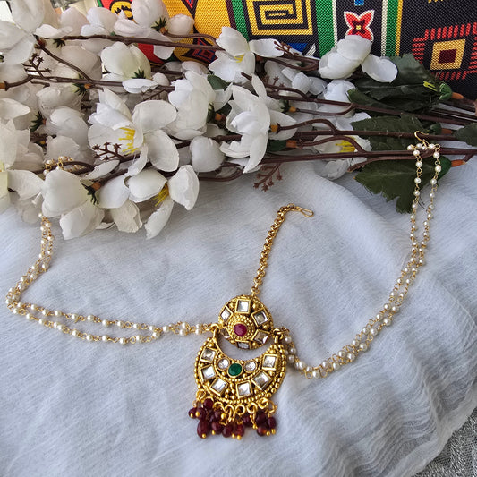 Pearl Chain Kundan Maang Tikka for Women | Gold Plated Bridal Forehead Jewelry with Maroon Beads | Wedding & Festive Wear