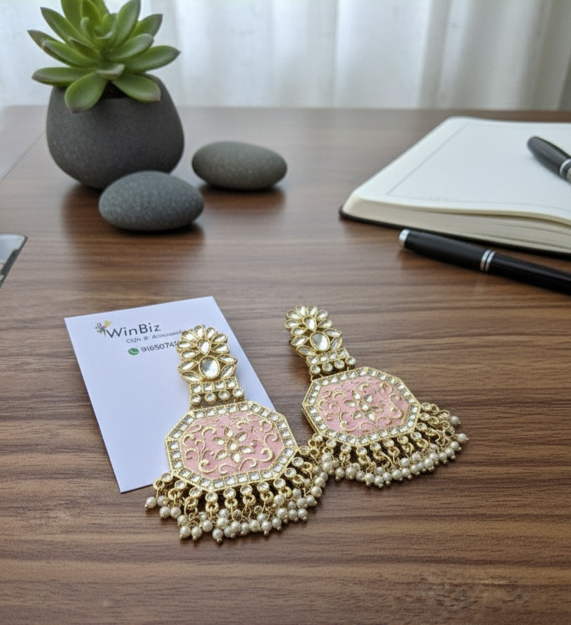 Kundan and Pink Meenakari Dangler Earrings