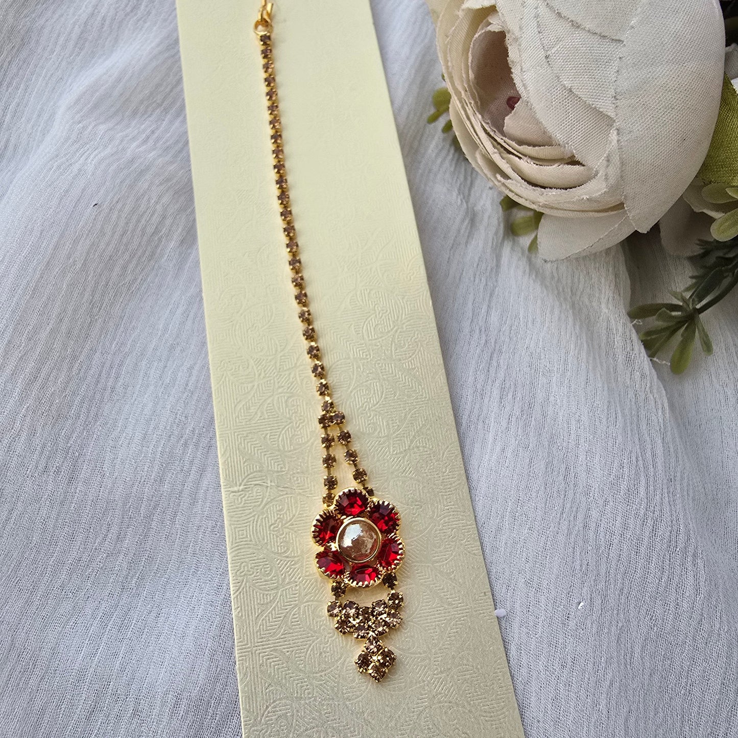 Red Stone Maang Tikka for Women | Gold Plated Traditional Bridal Forehead Jewelry | Wedding & Festive Hair Accessory