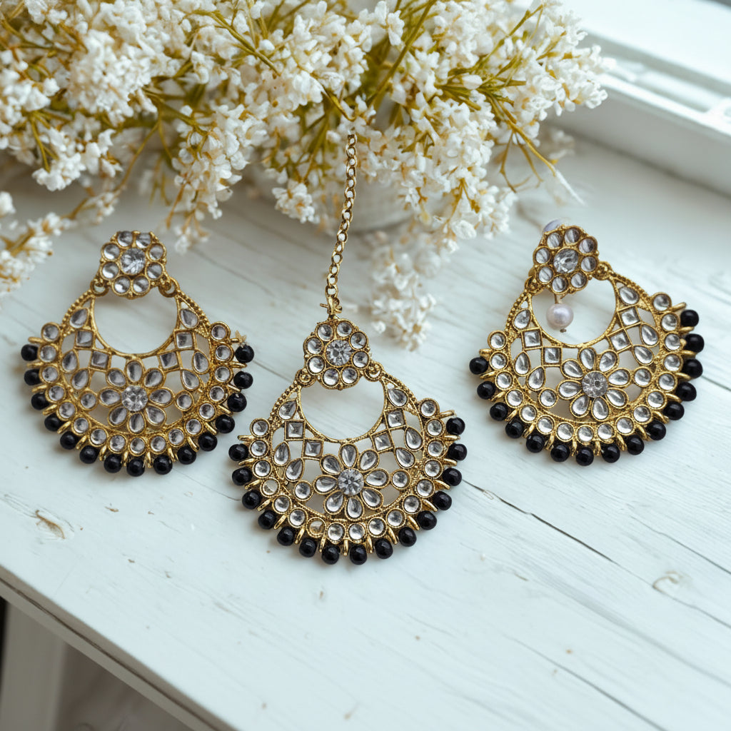 Black Kundan Chandbali Earrings with Maang Tikka | Traditional Ethnic Jewelry Set for Women | Wedding & Festive Wear