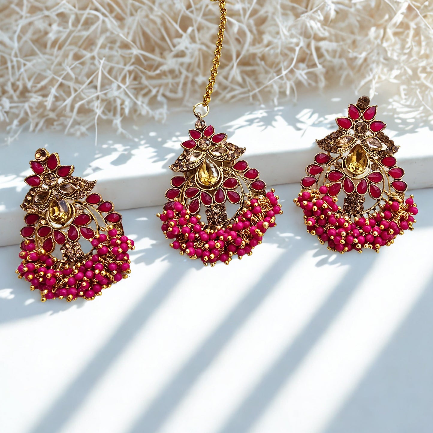 Pink Beaded Chandbali Earrings with Maang Tikka | Traditional Kundan Earrings Set for Women | Wedding & Festive Jewelry