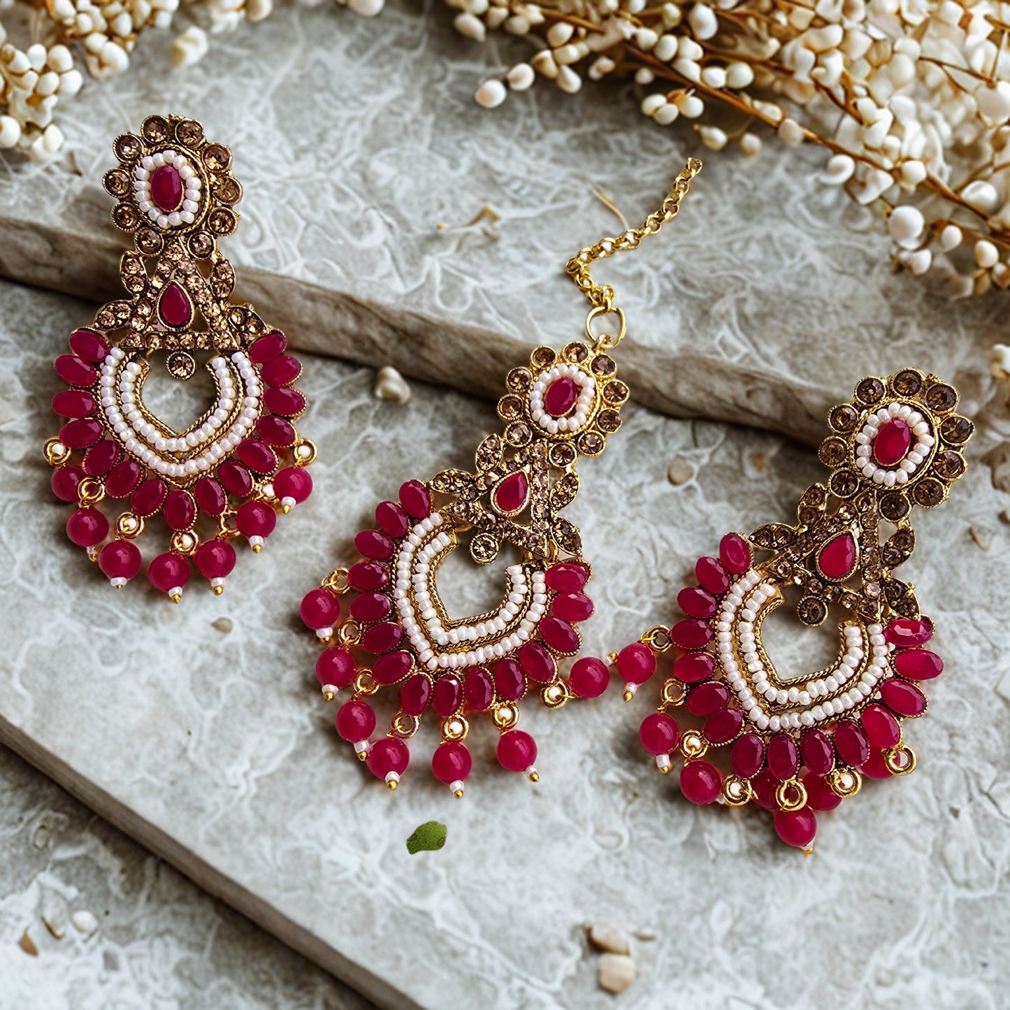 Pink Beaded Chandbali Earrings with Maang Tikka | Antique Kundan Ethnic Jewelry Set for Women | Wedding & Festive Wear