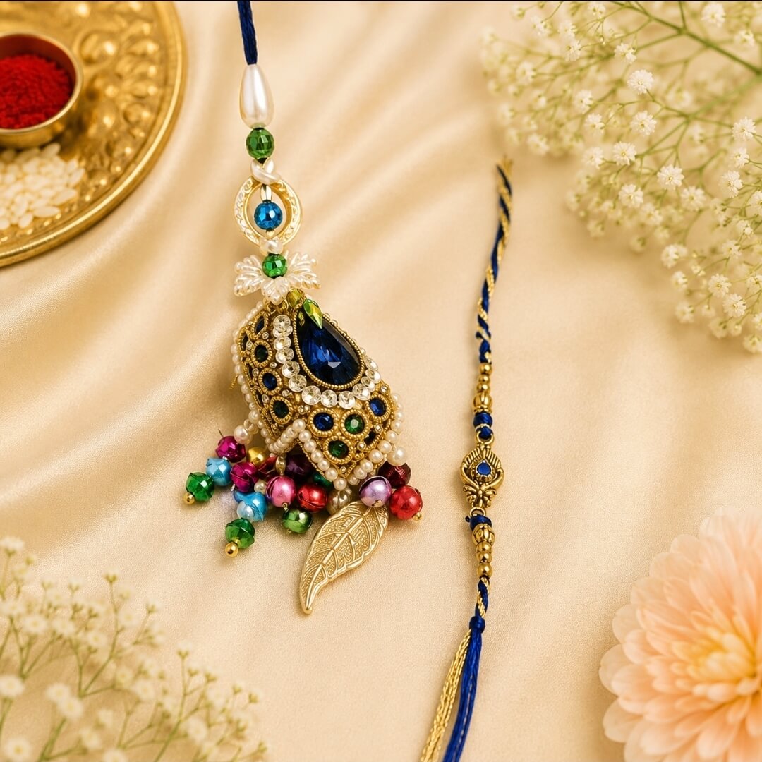 Designer Bhai Rakhi & Bhabhi Lumba Combo with Roli Chawal | Premium Raksha Bandhan Set