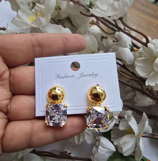 Gold Stud Drop Earrings with Crystal Stone | Elegant Diamond Look Earrings for Women | Party & Occasion Wear