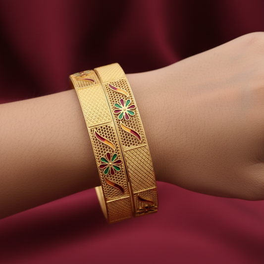 Matte Finish Gold-Tone Floral Designer Bangles for Women | Meenakari Enamel Ethnic Kada Set | Festive & Party Wear