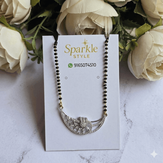 Designer Mangalsutra with Stone Studded Curve Pendant | Black Beaded Elegant Daily Wear Mangalsutra for Women