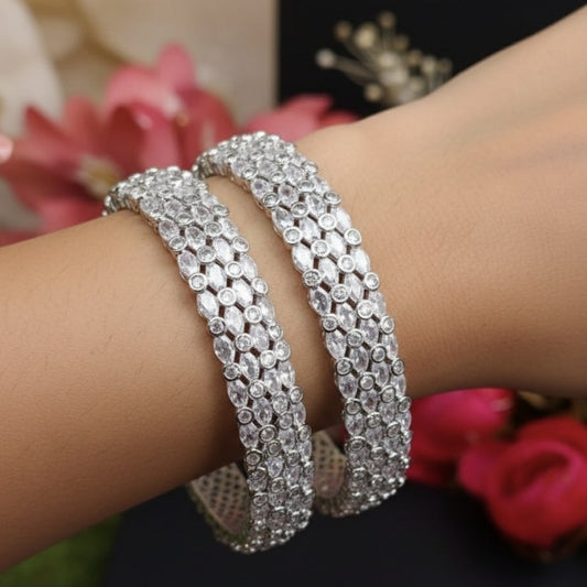 Premium Silver-Plated CZ Stone Bangles | Elegant Party Wear Bracelet Pair
