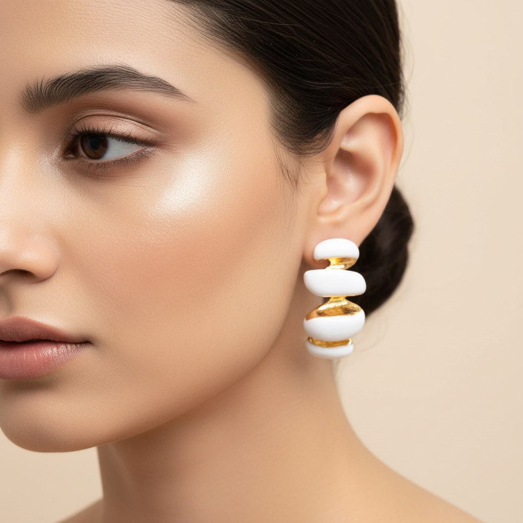 White Enamel Spiral Statement Earrings with Gold Finish | Chunky Designer Earrings for Women | Trendy Party Wear