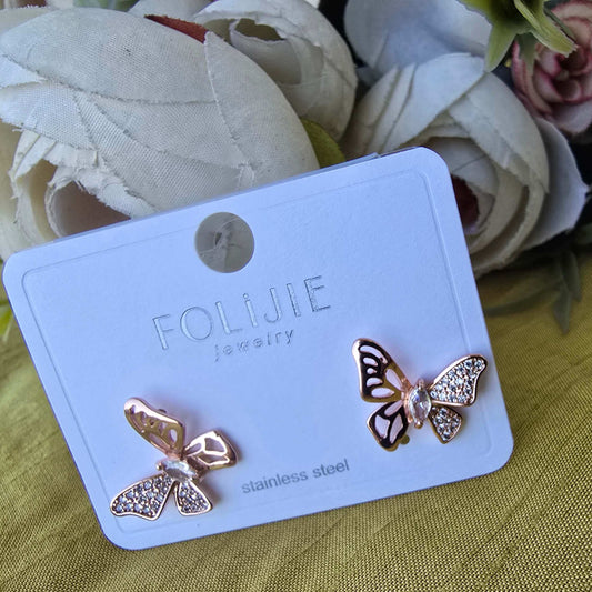 Rose Gold Butterfly Stud Earrings for Women | Crystal Minimalist Daily Wear Designer Earrings