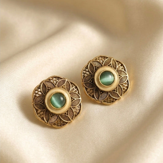 Vintage Antique Gold Floral Green Stone Stud Earrings for Women | Ethnic Designer Daily Wear Earrings