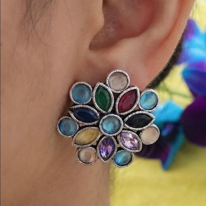 Oxidised Multicolor Floral Stone Stud Earrings for Women | Vintage Statement Party Wear Earrings
