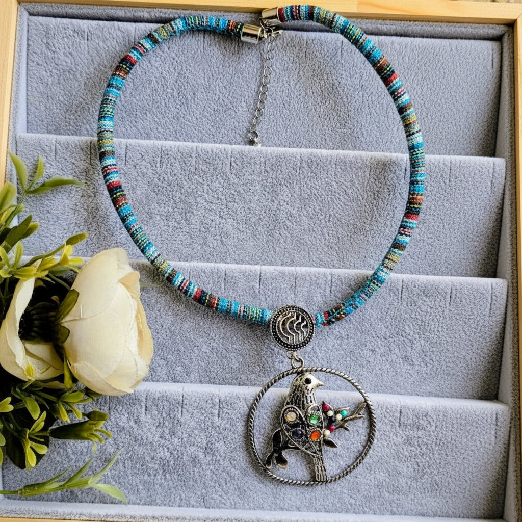 Boho Necklace with Oxidized Bird Locket