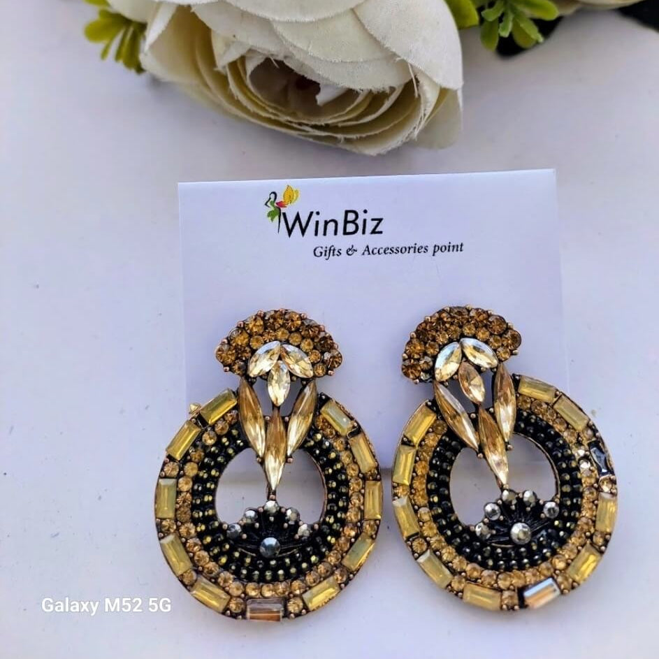 Elegant Black Crystal Circular Drop Earrings for Women | Statement Fashion Earrings