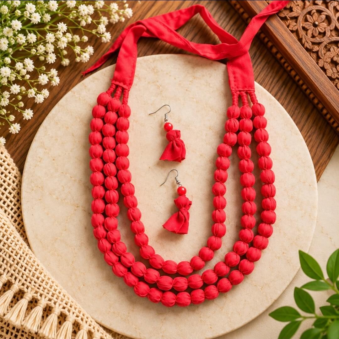 Handmade Fabric Bead Necklace Set with Matching Earrings