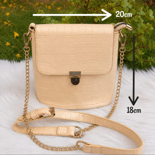 Cream Croc Texture Sling Bag for Women | Compact Crossbody Shoulder Bag with Chain Strap