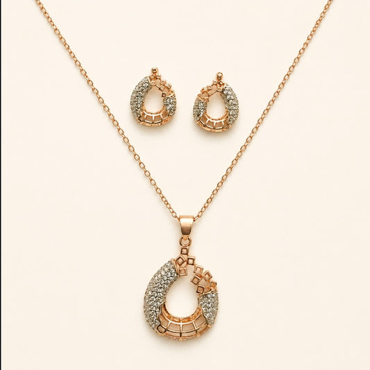 Rose Gold Crystal Pendant Necklace & Earrings Set