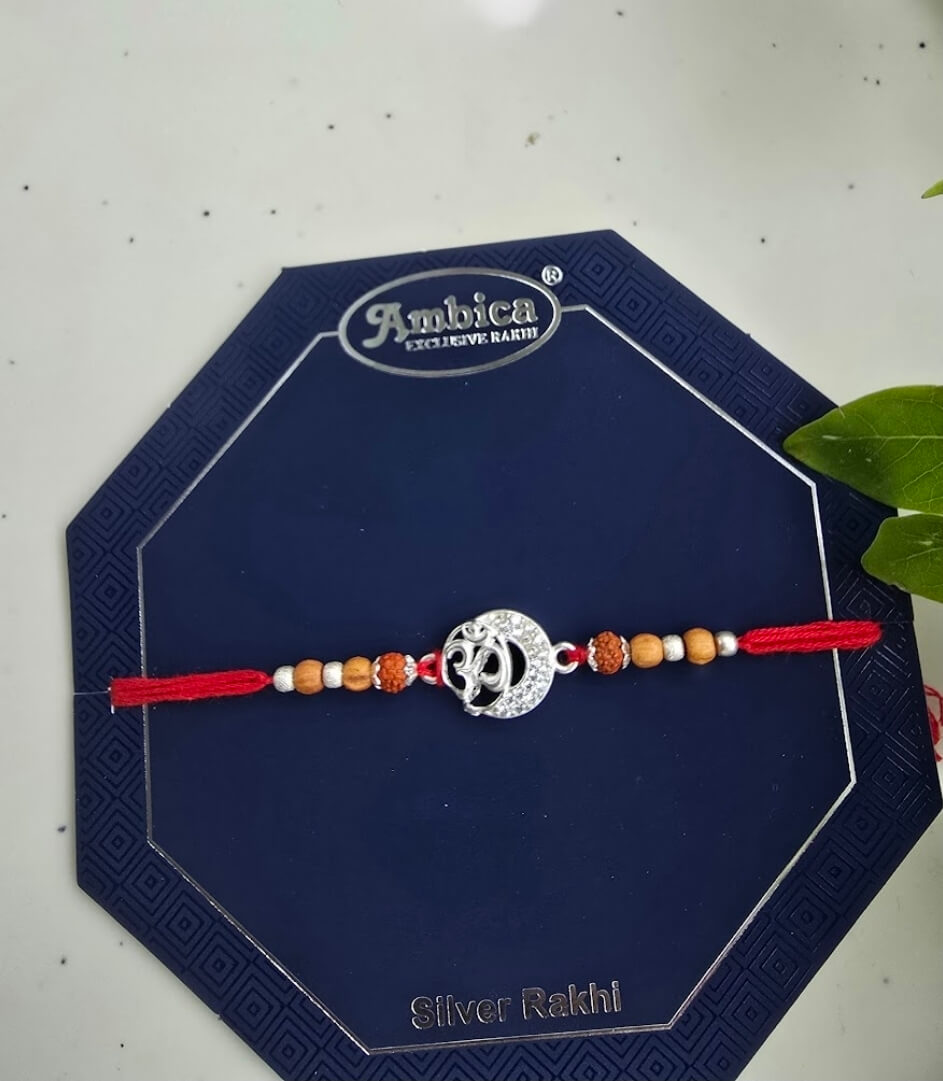 Silver Om Rakhi for Brother with Roli Chawal | Spiritual Raksha Bandhan Rakhi with Rudraksha & Wooden Beads