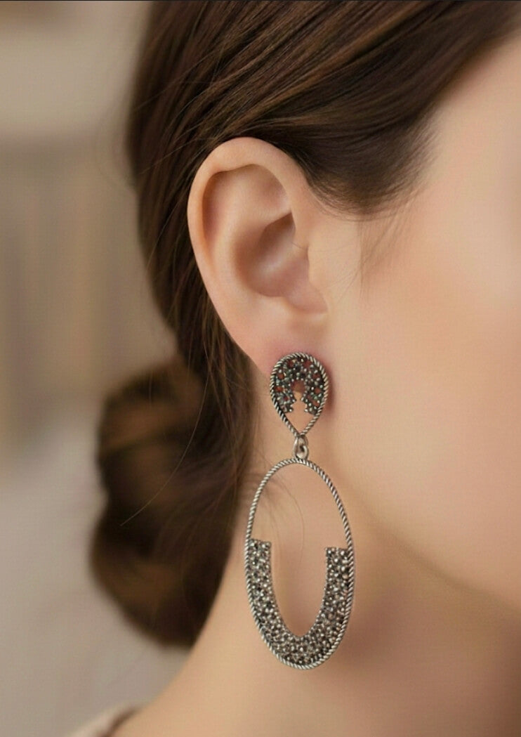Silver Crystal Drop Oval Earrings