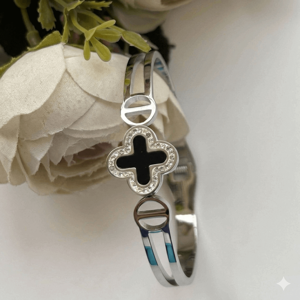 Stainless Steel Openable Clover Bracelet – Crystal Charm Silver Tone Kada for Women