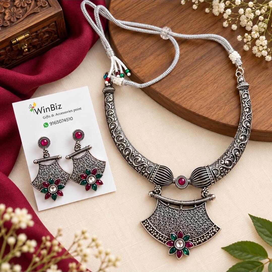 Oxidised Silver Statement Necklace Set with Matching Earrings
