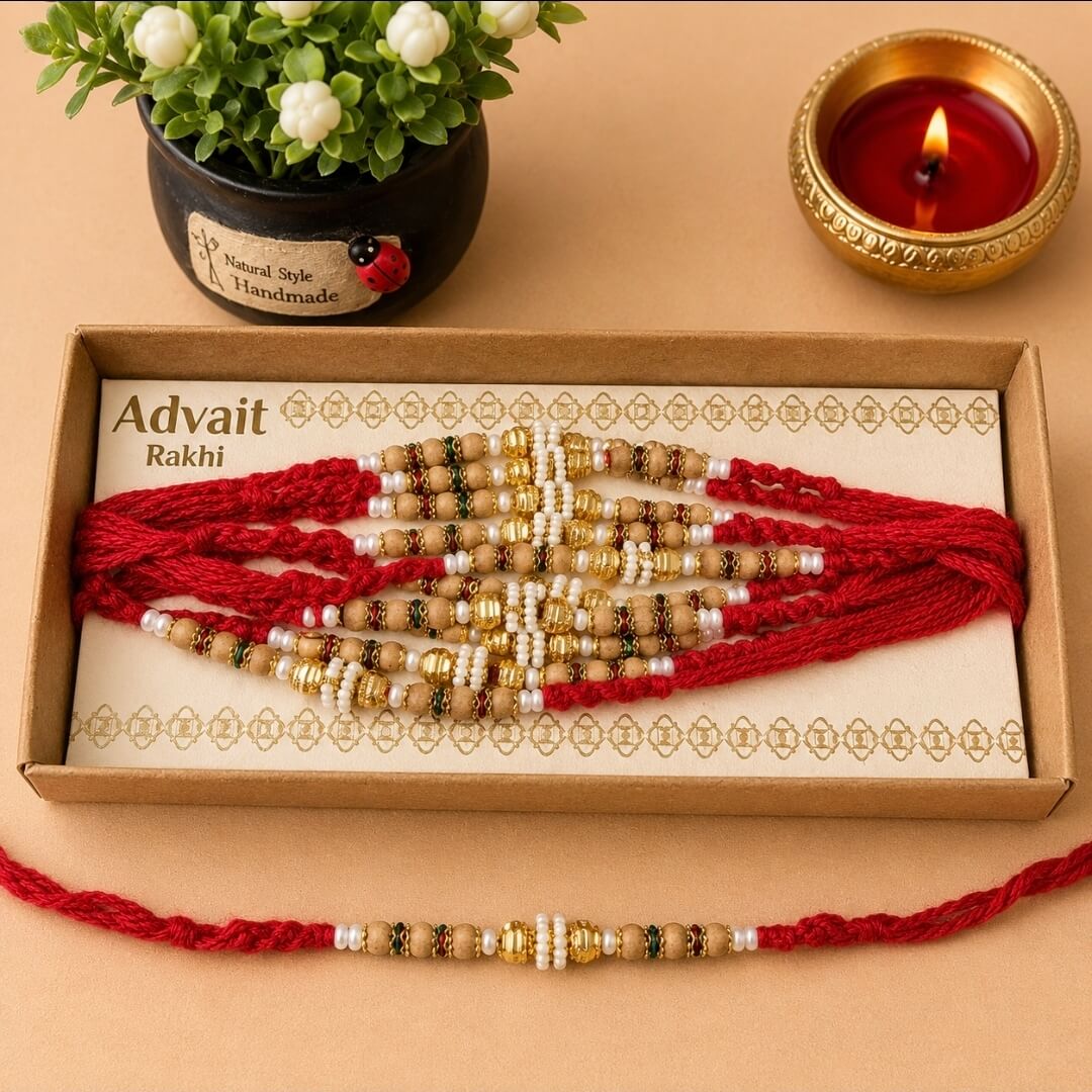 Fragrant Chandan and Pearl Beaded Mauli Rakhi for Brother/Bhabi | Handmade Traditional Raksha Bandhan Rakhi