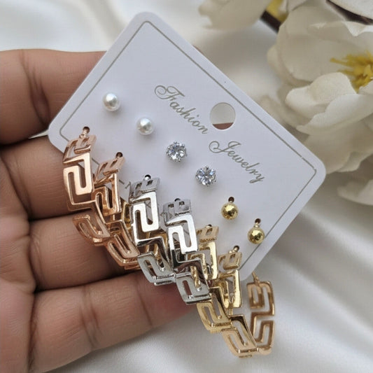 6-Pair Geometric Earrings Set for Women | Rose Gold, Silver & Gold Stud & Hoop Earrings Combo | Trendy Daily Wear Jewellery
