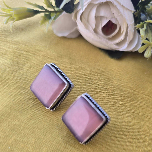 Square Stone Stud Earrings for Women | Minimalist Designer Daily Wear Earrings | Antique Silver Finish