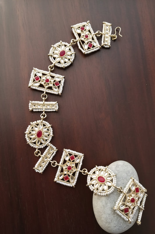 Red and White Mathapatti with pearl work