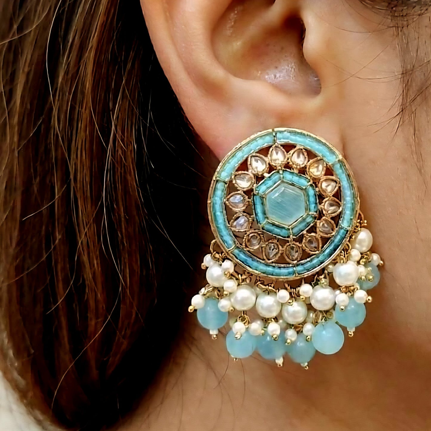 Traditional Turquoise & Pearl Statement Earrings | Festive Wear