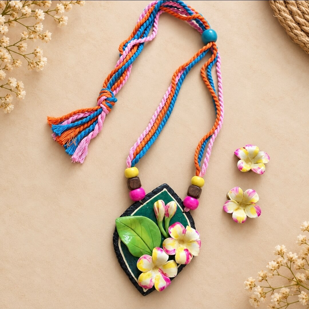 Handmade Green Floral Clay Pendant Necklace Set with Earrings