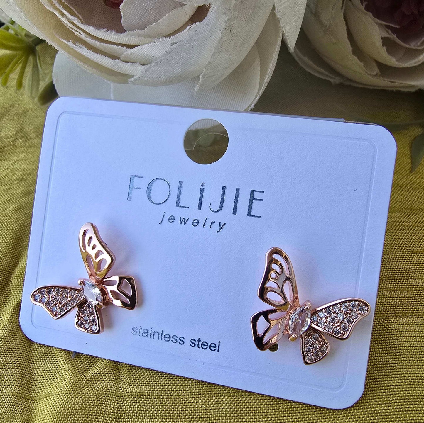 Rose Gold Butterfly Stud Earrings for Women | Crystal Minimalist Daily Wear Designer Earrings