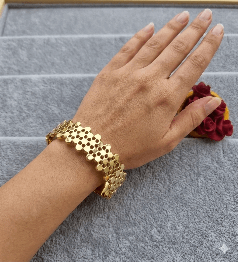 Gold Plated Honeycomb Design Cuff Bracelet for Women | Statement Party Wear Kada