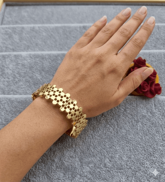 Gold Plated Honeycomb Design Cuff Bracelet for Women | Statement Party Wear Kada