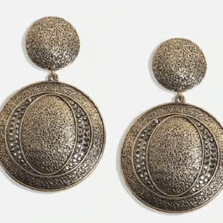 Textured Oxidised Silver Disc Drop Earrings for Women | Minimalist Statement Party Wear Earrings