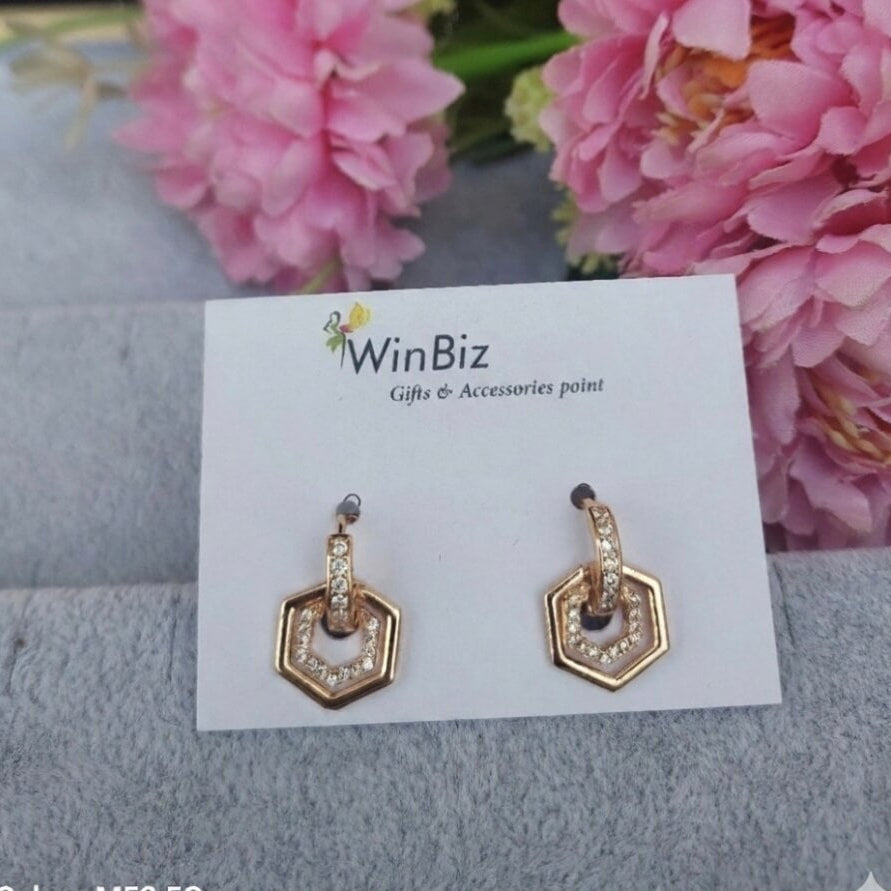 Rose Gold Hexagon Drop Earrings with CZ Stones | Trendy Women's Jewelry