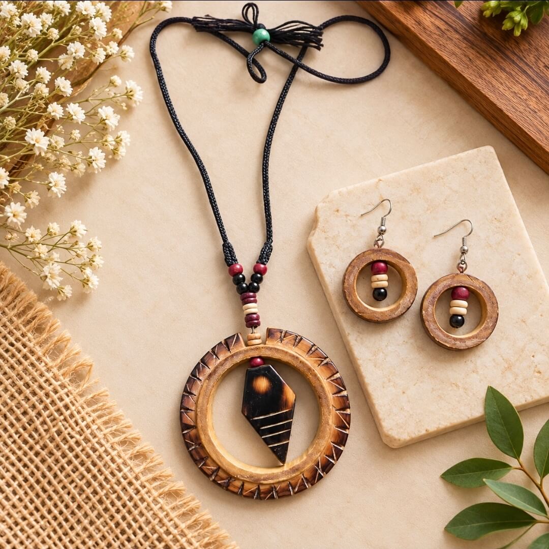 Handcrafted Bamboo Pendant Necklace & Earrings Set | Boho Jewelry