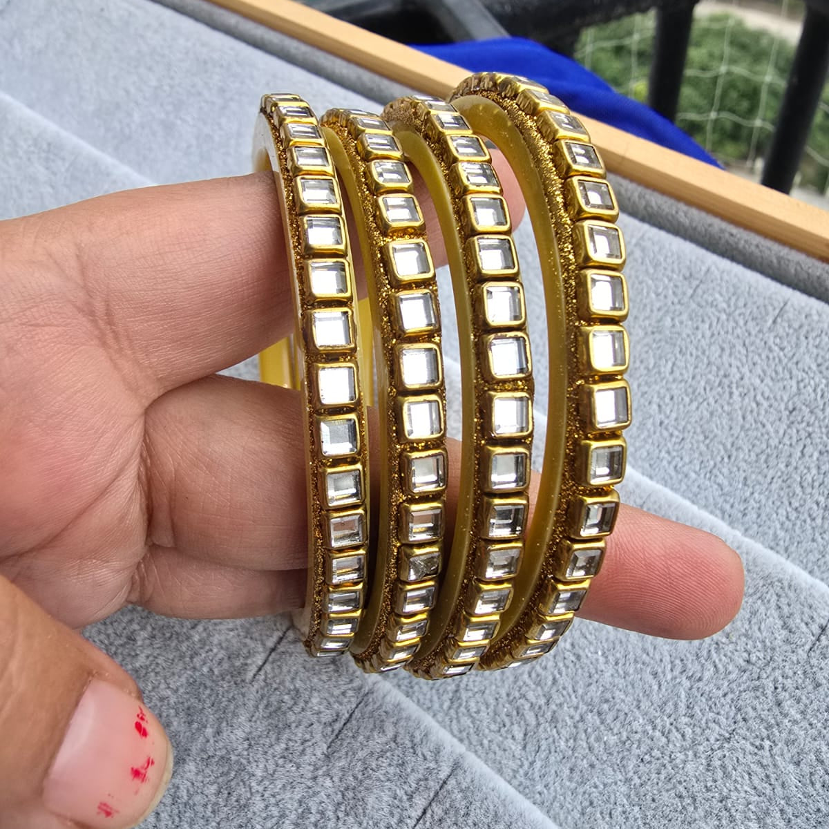 Matte Finish Gold-Tone Kundan Stone Bangles for Women | Square Kundan Designer Bangles | Ethnic, Festive & Party Wear(Set of 4)